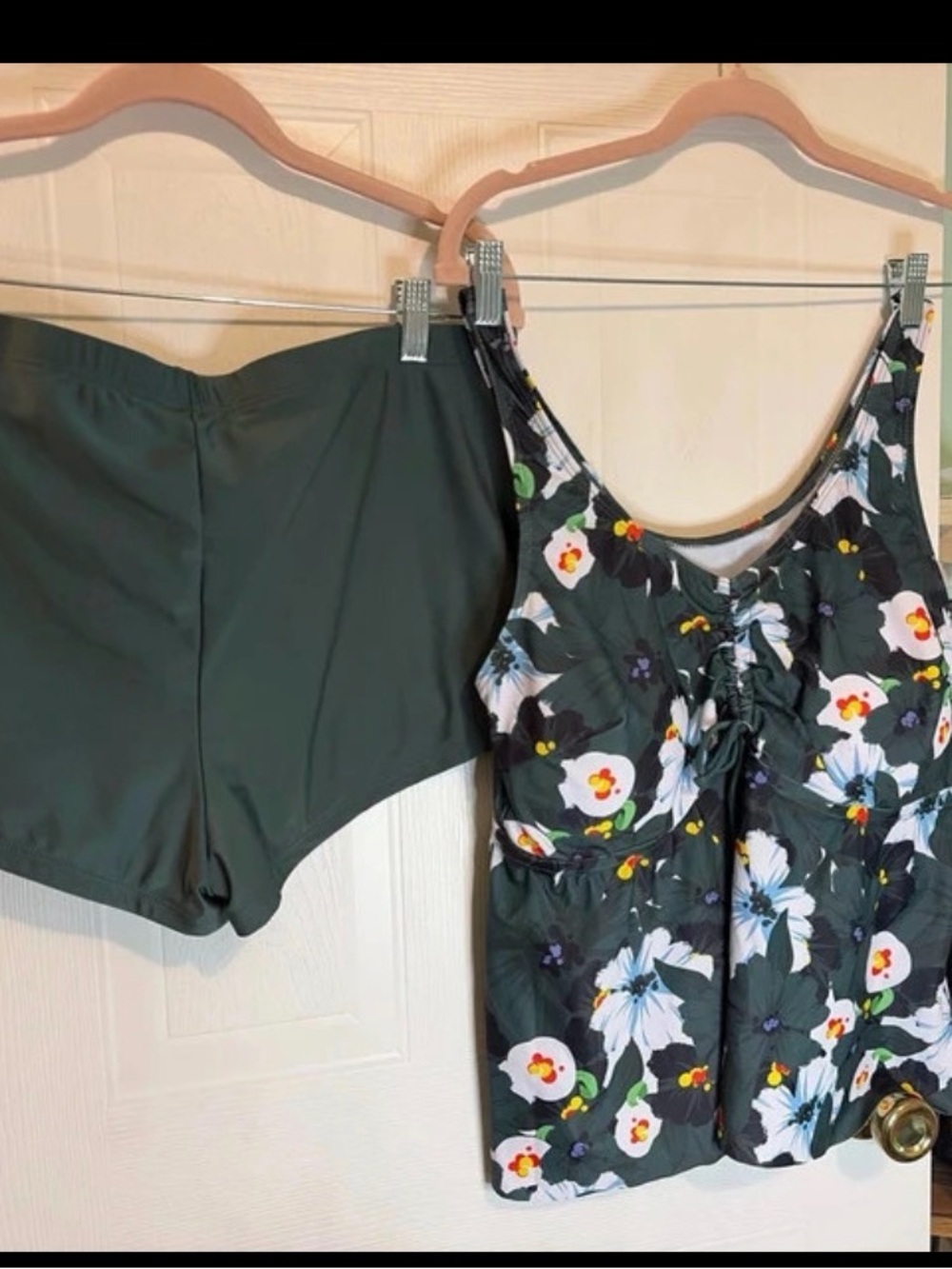 SHEIN Dark Green Floral Ruched One-Piece Swim Top with High-Waist Shorts